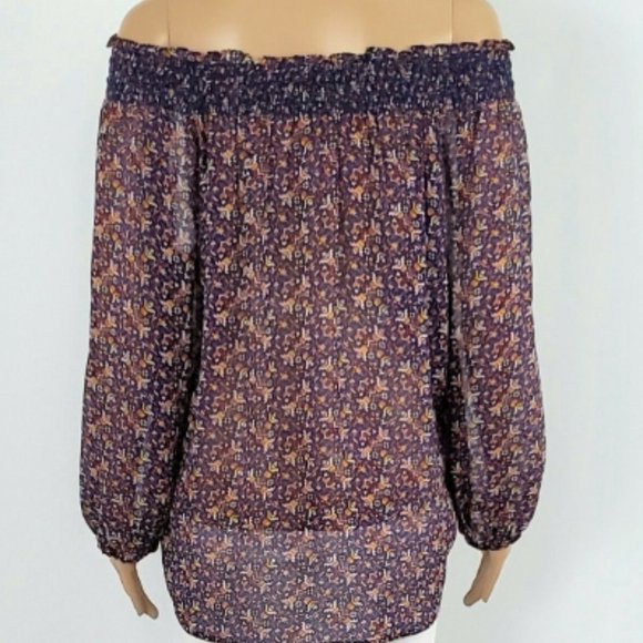 JOIE Azzedine Silk Multicolor Smocked Off Shoulder Sheer Pattern Blouse XS $268 - Picture 6 of 7